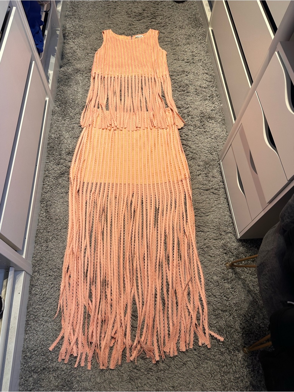 Toi et Moi Peach Open-Knit Fringe 2 piece set- Maxi Skirt and top